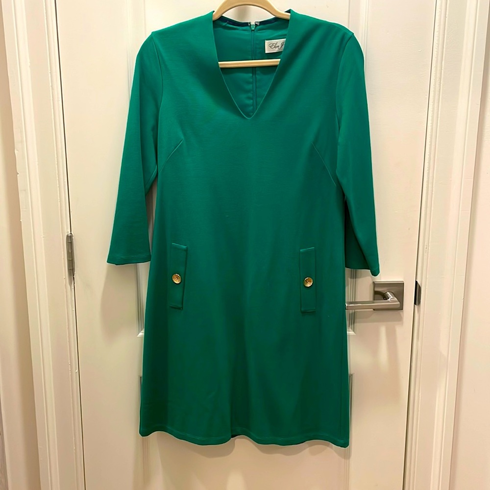 Eliza J Green Ponte Gold Button Pockets V-Neck Shift Midi 3/4 Sleeves Dress